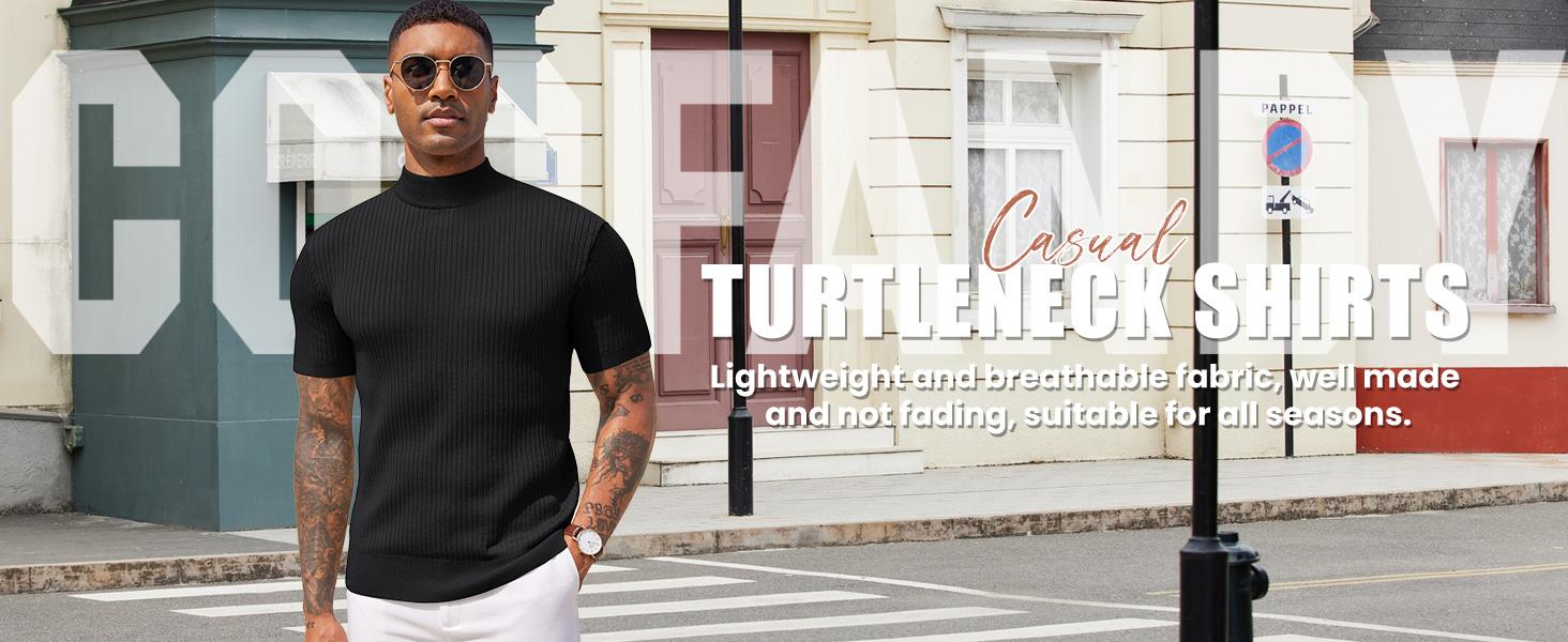 COOFANDY Men's Mock Turtleneck Sweater Short Sleeve Casual Basic Tops Ribbed Knit Pullover Solid Tee