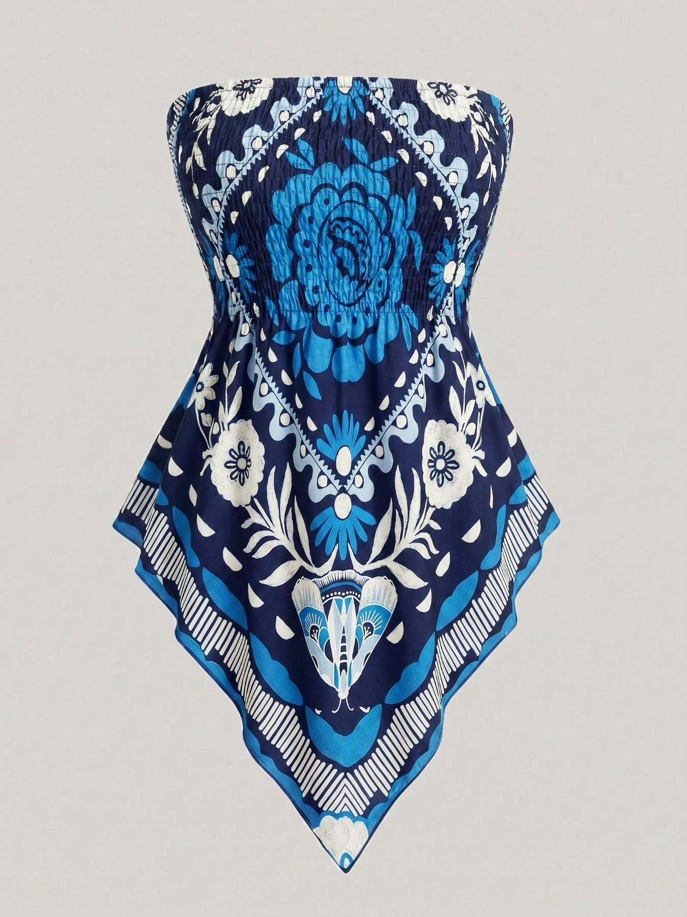 Plus Size Women's Ethnic Print Strapless Top, Bohemian Style Asymmetrical Hem Tube Top, Casual Summer Fashion Top Fit
