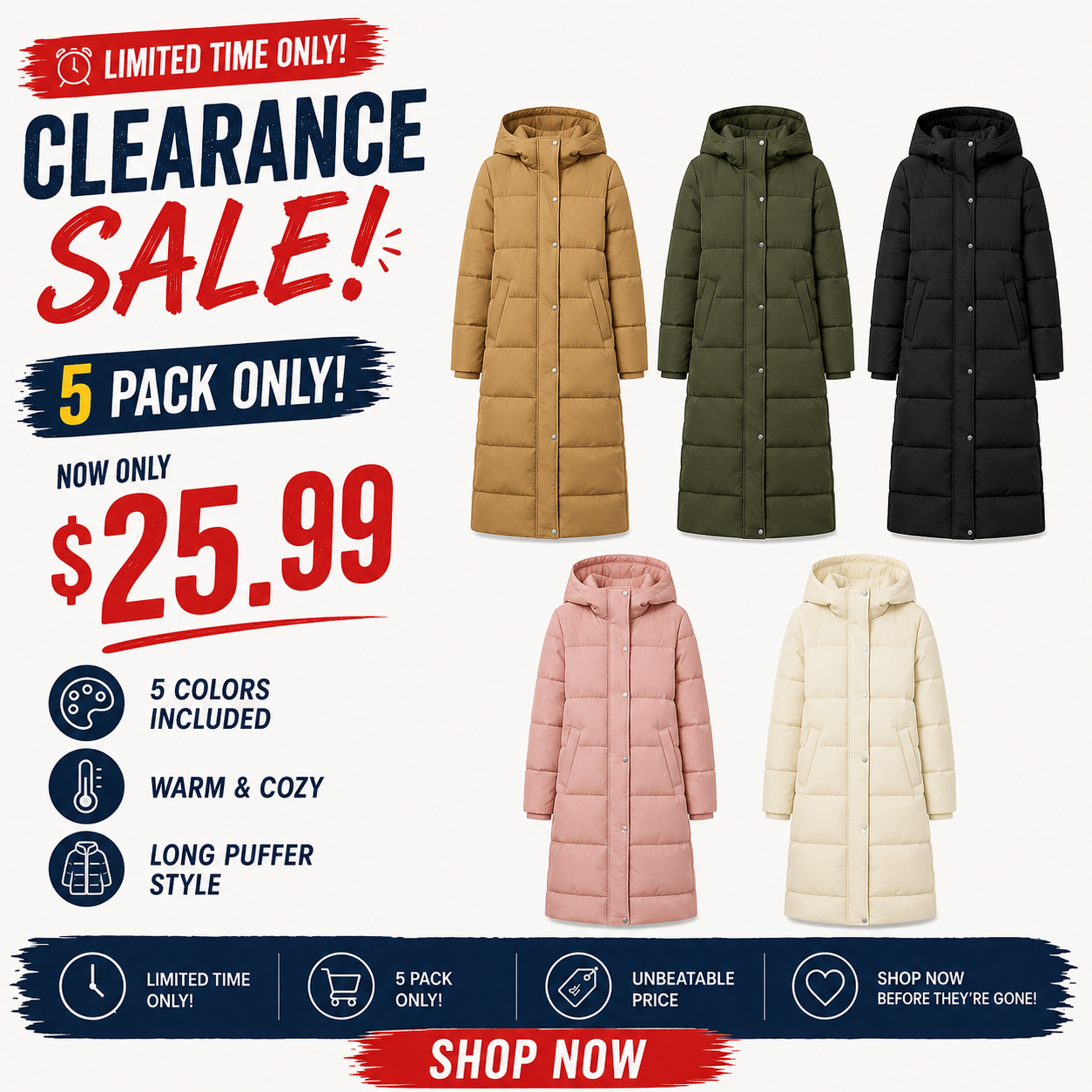 Women’s Mid-Length Hooded Puffer Coat – Thick Warm Quilted Winter Down Jacket with Side Zipper
