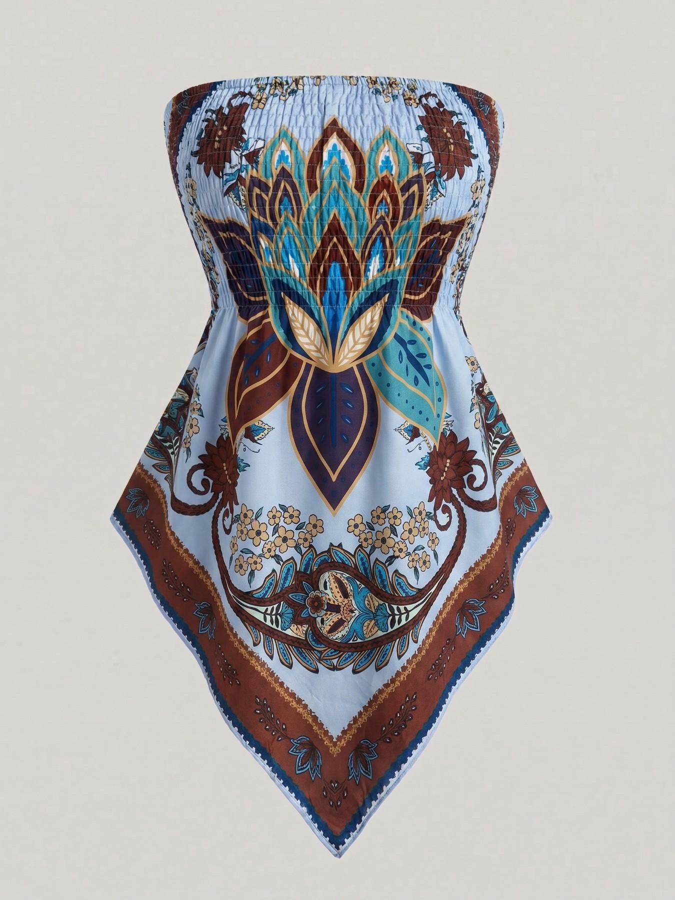 Plus Size Women's Ethnic Print Strapless Top, Bohemian Style Asymmetrical Hem Tube Top, Casual Summer Fashion Top Fit