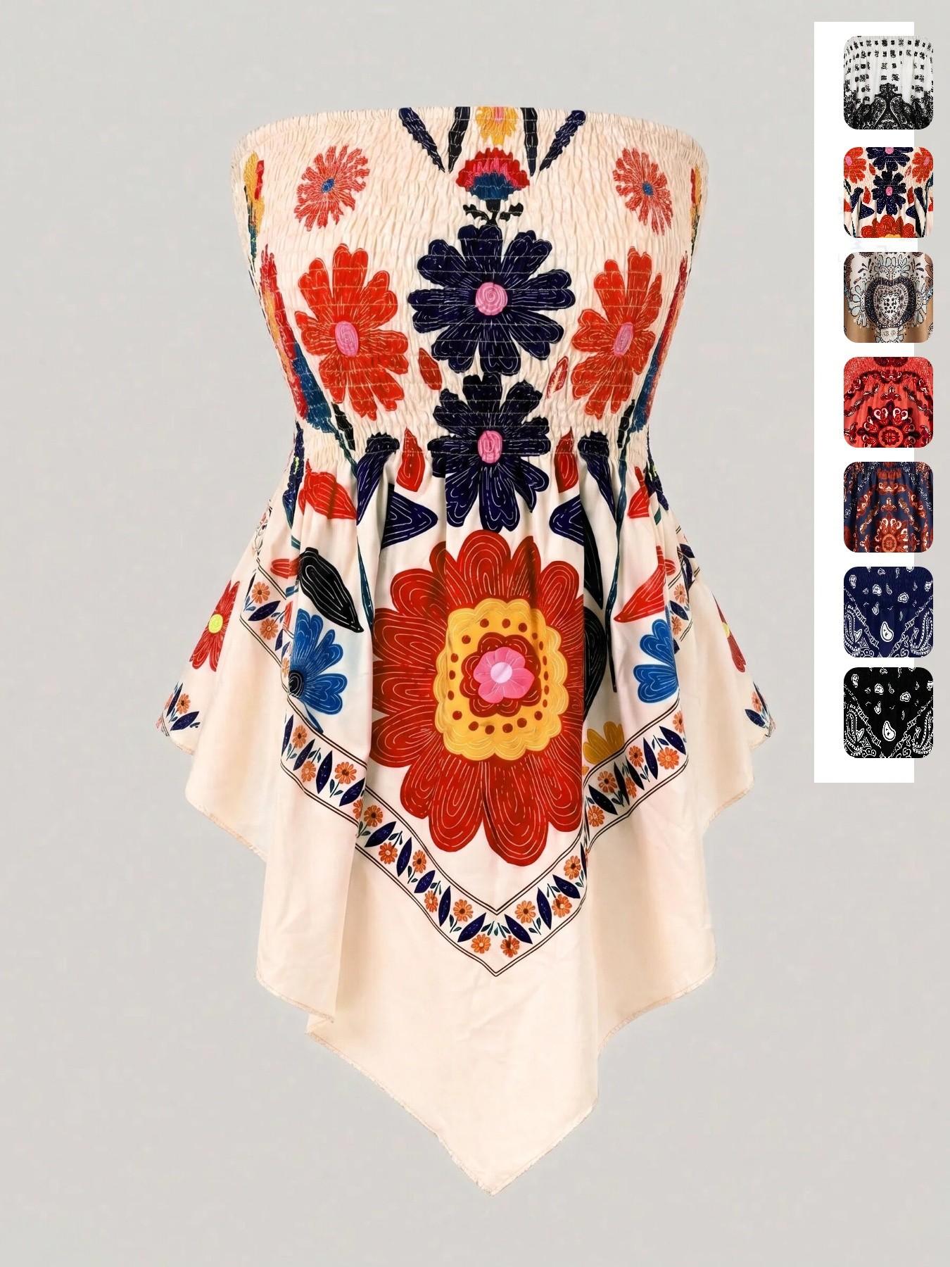 Plus Size Women's Ethnic Print Strapless Top, Bohemian Style Asymmetrical Hem Tube Top, Casual Summer Fashion Top Fit