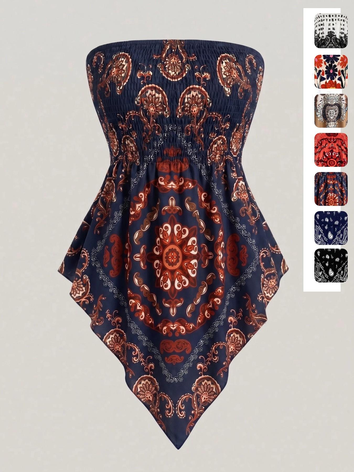 Plus Size Women's Ethnic Print Strapless Top, Bohemian Style Asymmetrical Hem Tube Top, Casual Summer Fashion Top Fit