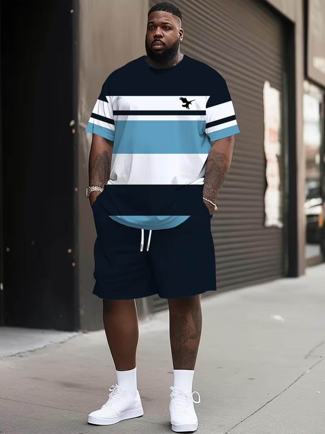 Men's Summer Casual Sportswear Set, Breathable 3D Print Round Neck T-Shirt and Shorts, Knitted Fabric, Loose Fit, Outdoor Leisure Wear, Sporty Style, Casual Activewear, Athleisure Street Fit