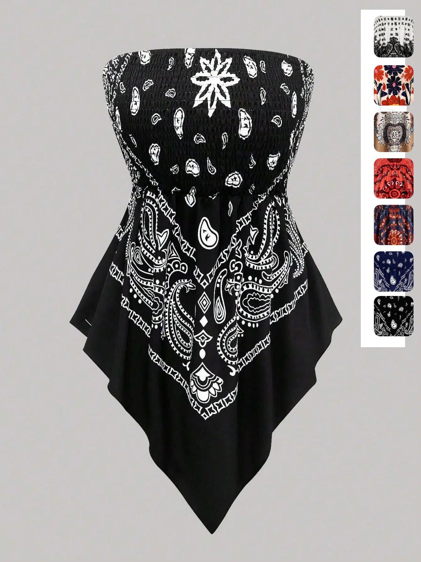 Plus Size Women's Ethnic Print Strapless Top, Bohemian Style Asymmetrical Hem Tube Top, Casual Summer Fashion Top Fit