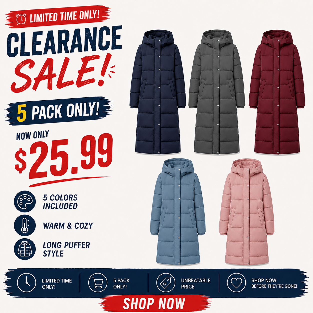 Women’s Mid-Length Hooded Puffer Coat – Thick Warm Quilted Winter Down Jacket with Side Zipper
