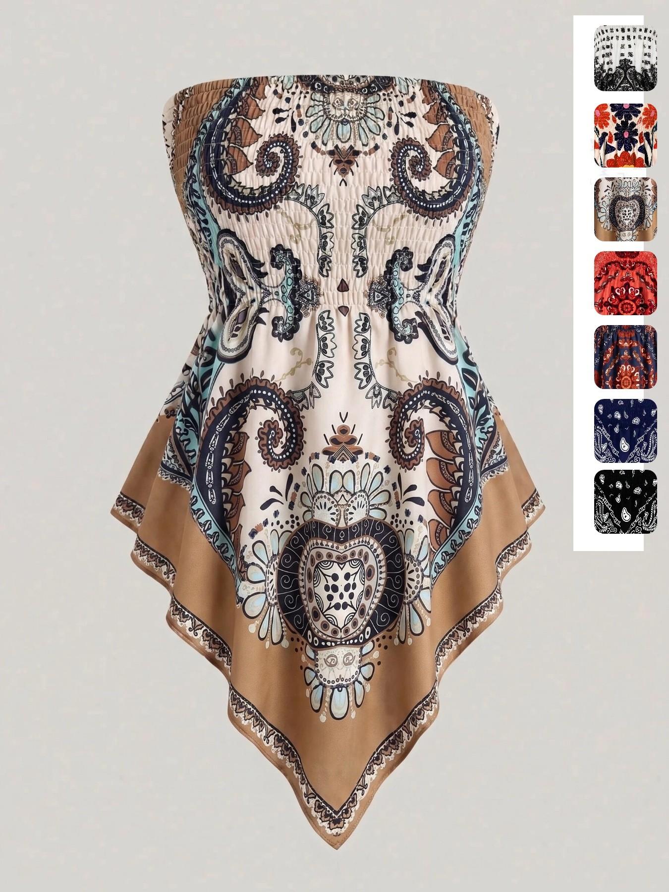 Plus Size Women's Ethnic Print Strapless Top, Bohemian Style Asymmetrical Hem Tube Top, Casual Summer Fashion Top Fit