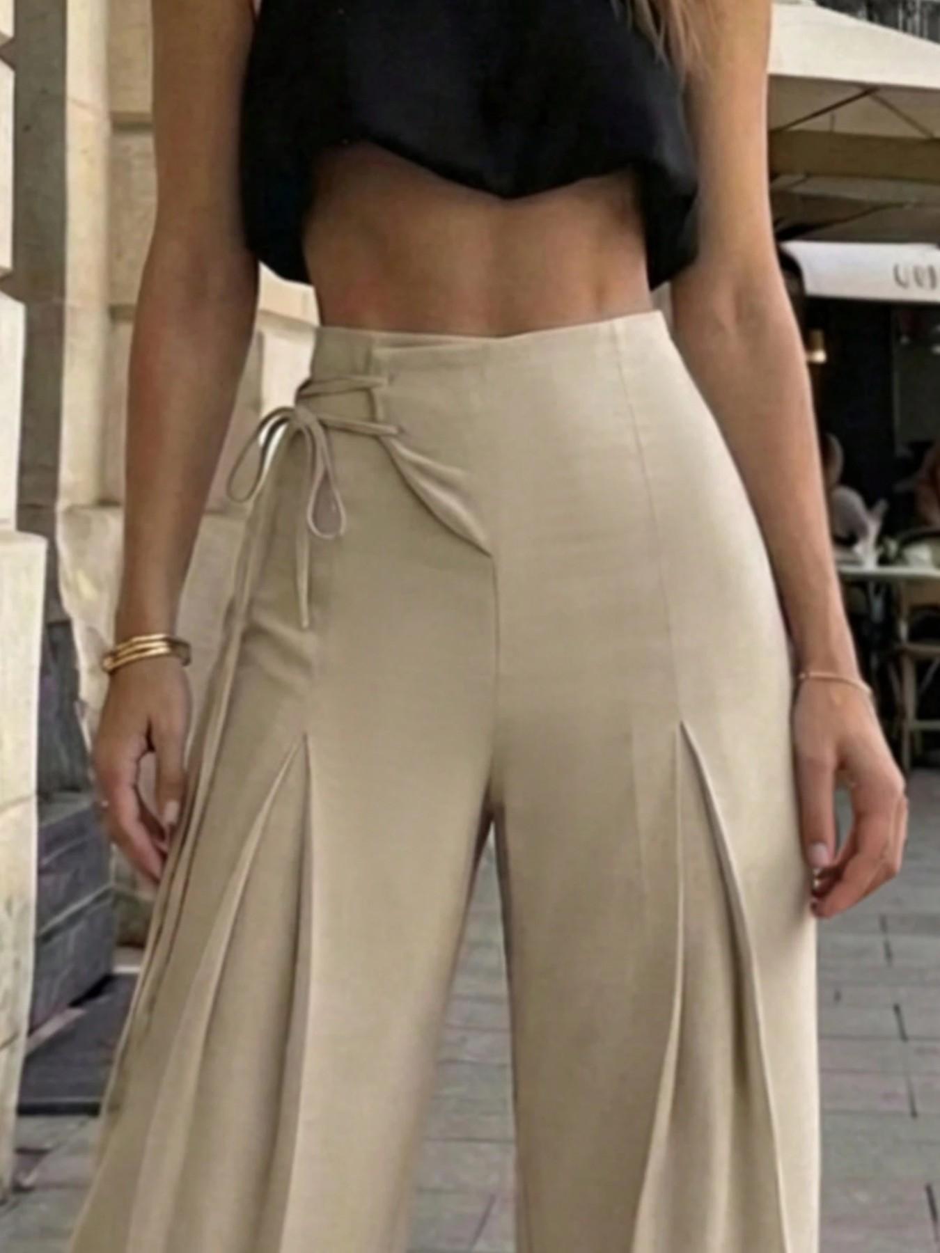 Women's Elegant Chic High-Waist Tie-Back Wide-Leg Pants, Casual Summer Long Pants, Loose Fit, Retro Style, Ankle Length, Plain Pattern, Bottoms