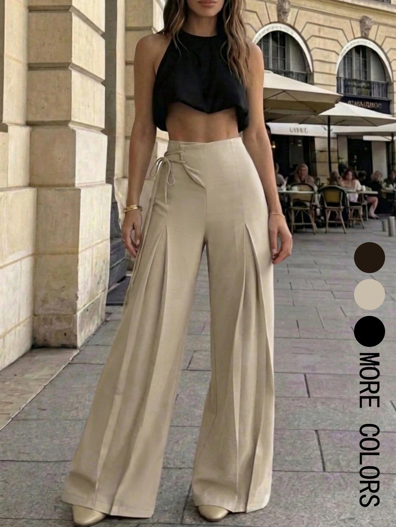Women's Elegant Chic High-Waist Tie-Back Wide-Leg Pants, Casual Summer Long Pants, Loose Fit, Retro Style, Ankle Length, Plain Pattern, Bottoms