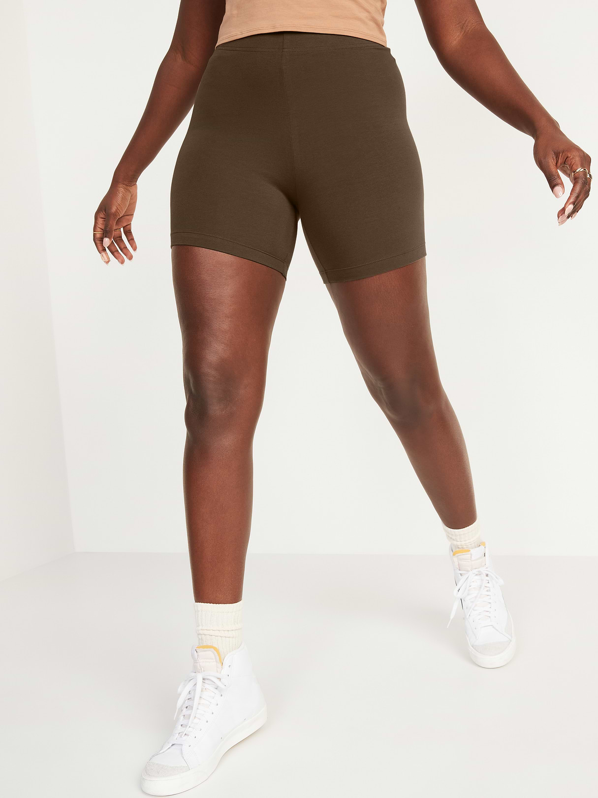 High-Waisted Cotton Biker Shorts -- 6-inch inseam - Dark Walnut