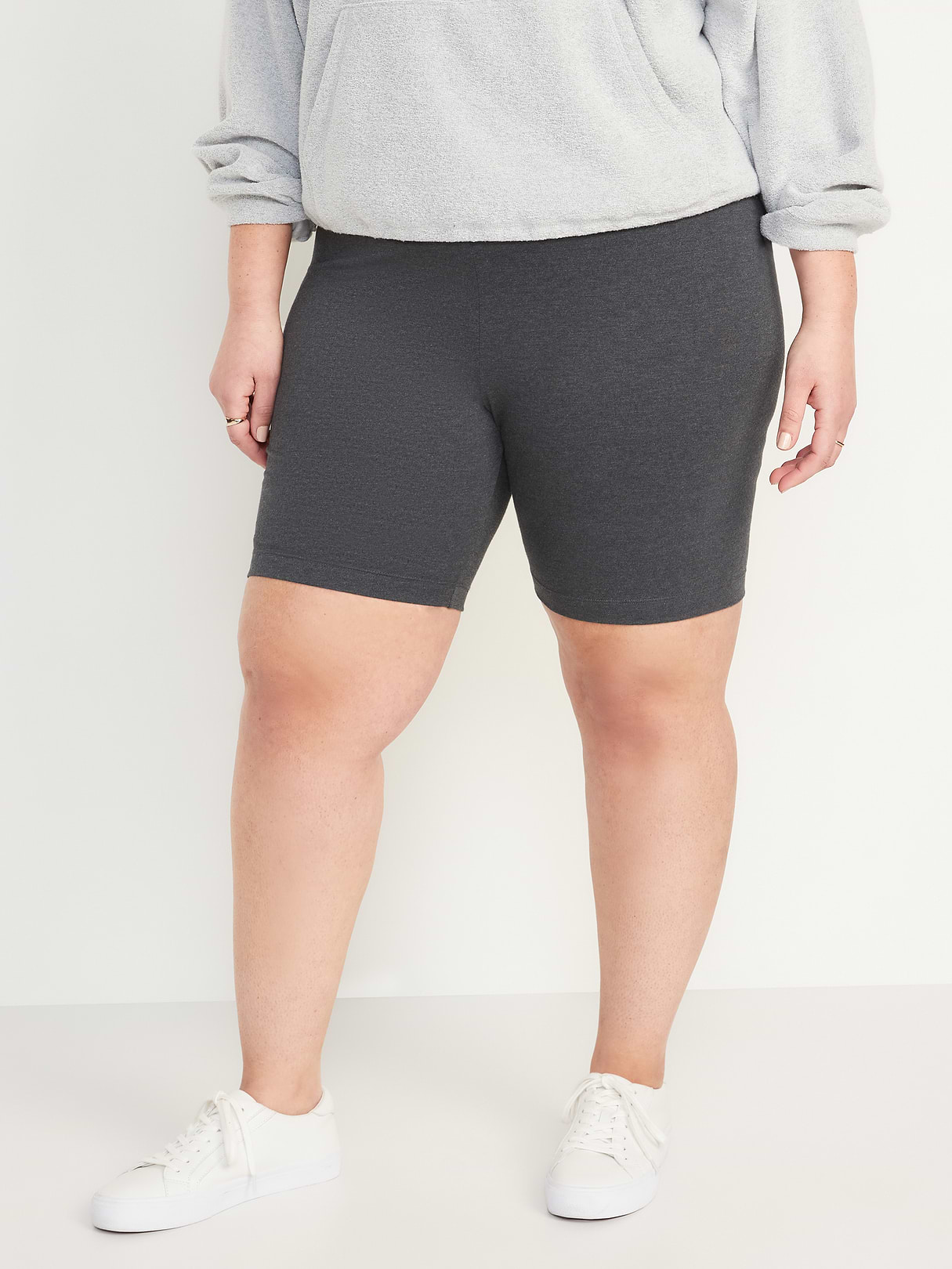 High-Waisted Cotton Biker Shorts -- 8-inch inseam - Heather Gray