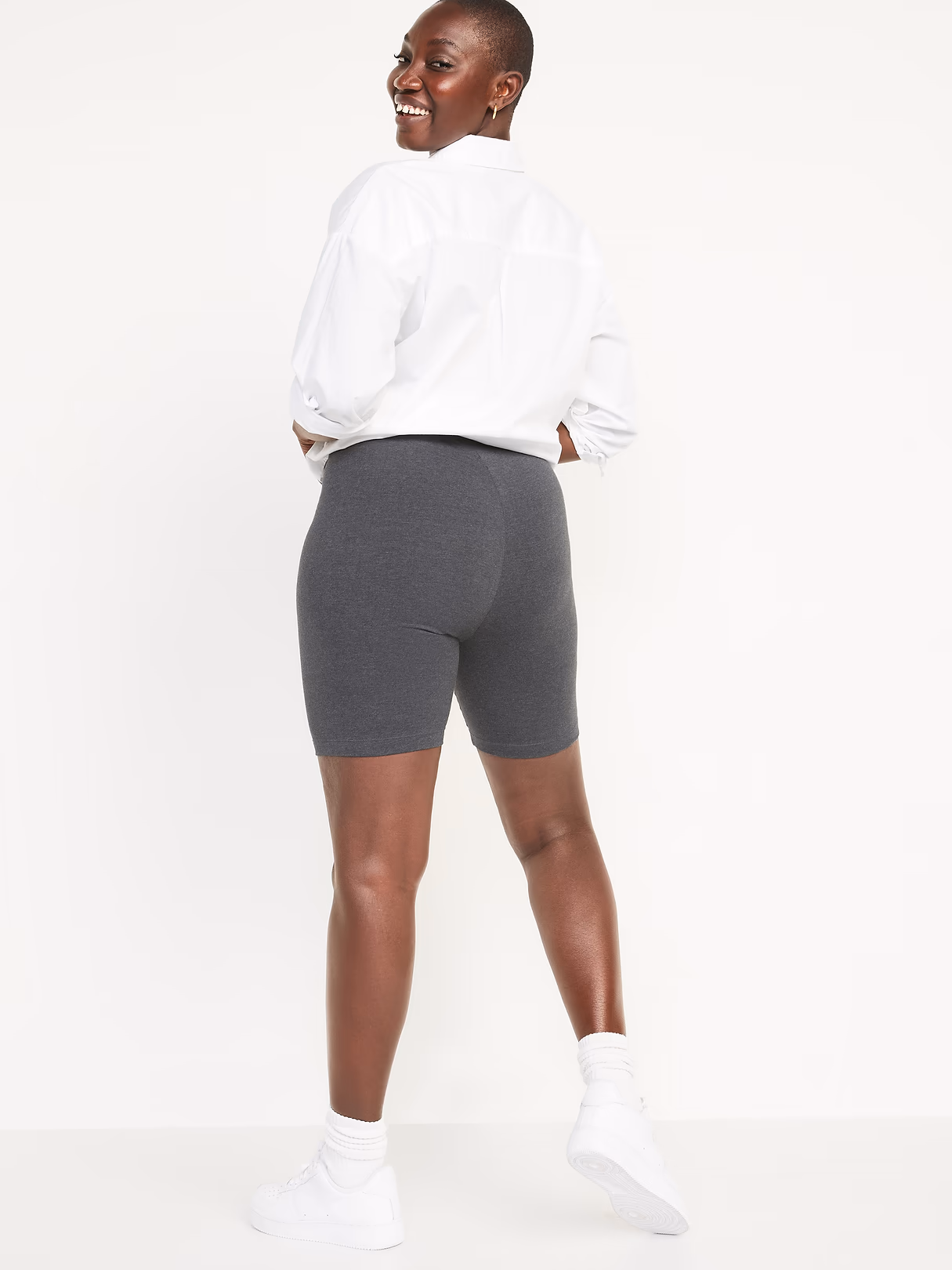 High-Waisted Cotton Biker Shorts -- 8-inch inseam - Heather Gray