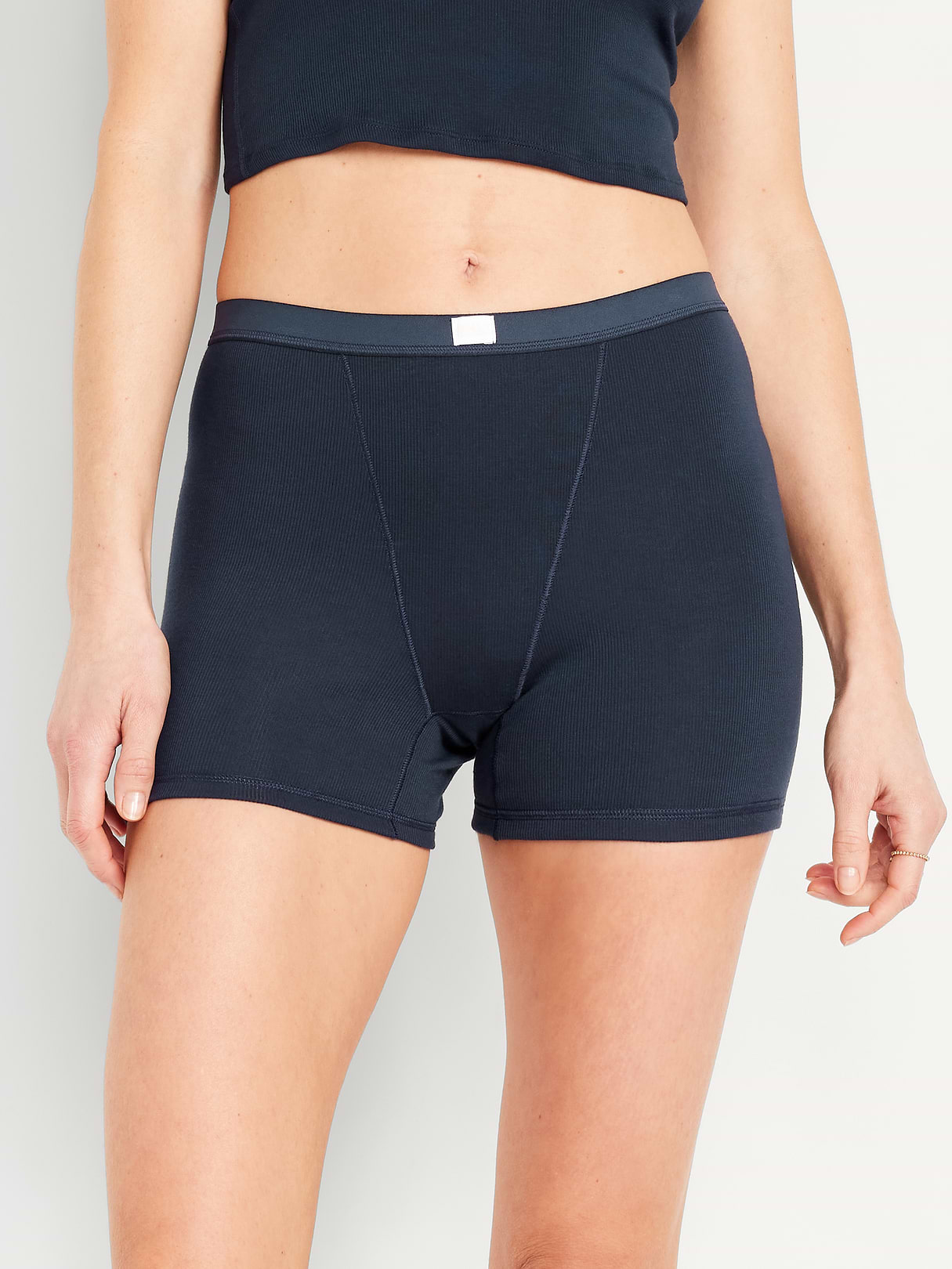 High-Waisted Ribbed Boyshort Briefs -- 3-inch inseam - In the Navy