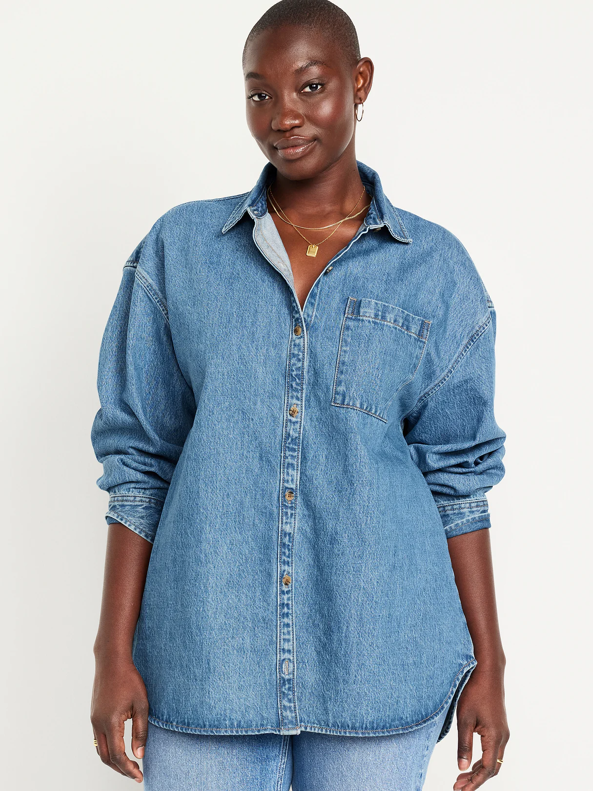 Oversized Boyfriend Button-Down Jean Shirt - Light Wash