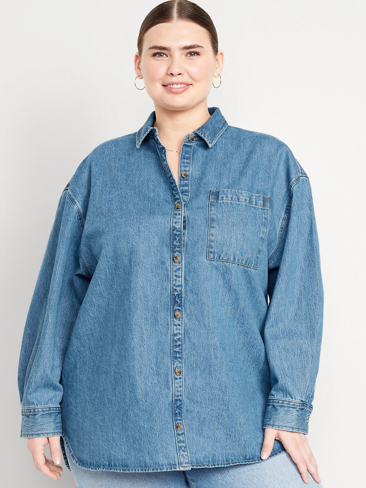 Oversized Boyfriend Button-Down Jean Shirt - Light Wash