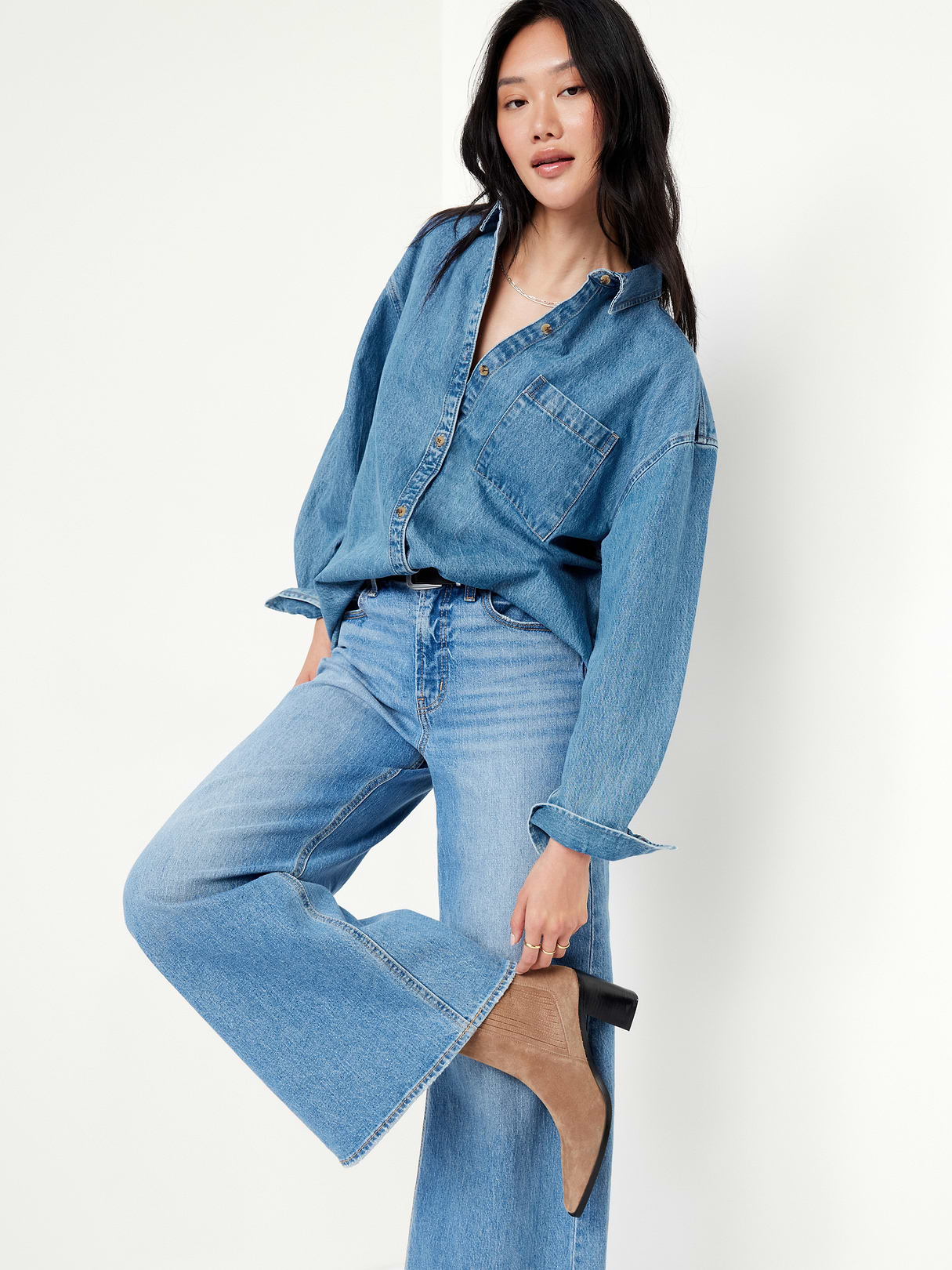 Oversized Boyfriend Button-Down Jean Shirt - Light Wash