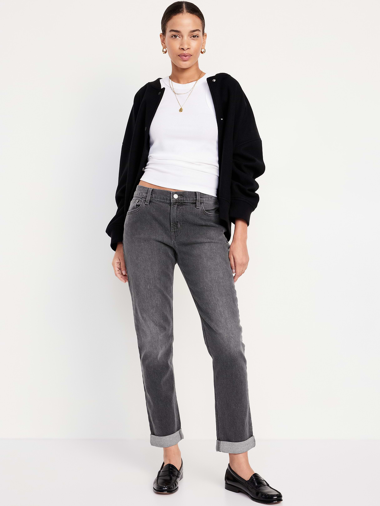 Mid-Rise Wow Boyfriend Straight Jeans - Faded Black