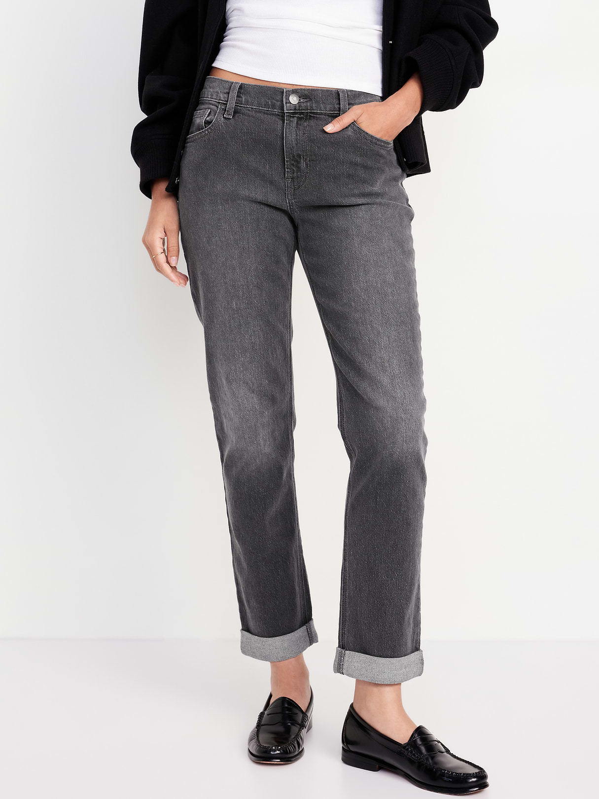 Mid-Rise Wow Boyfriend Straight Jeans - Faded Black