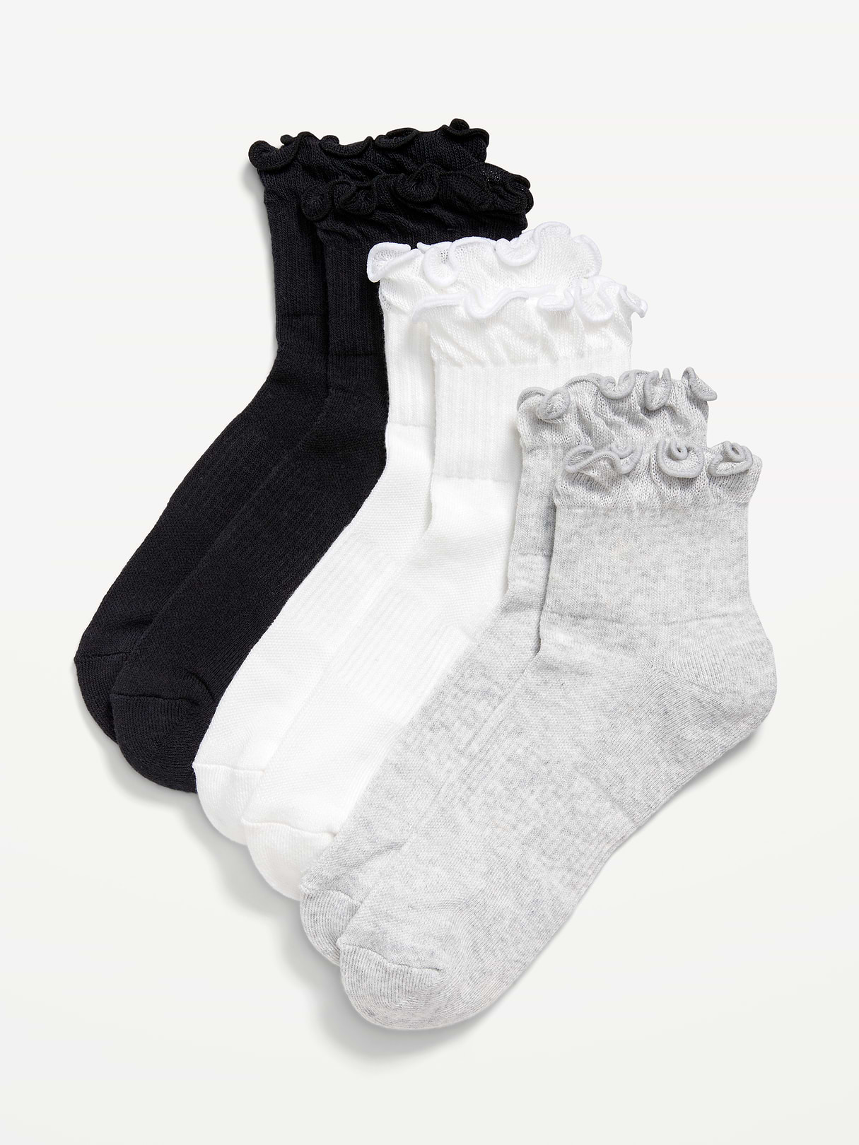 Ruffled Athletic Socks 3-Pack - Black/White/Heather Gray