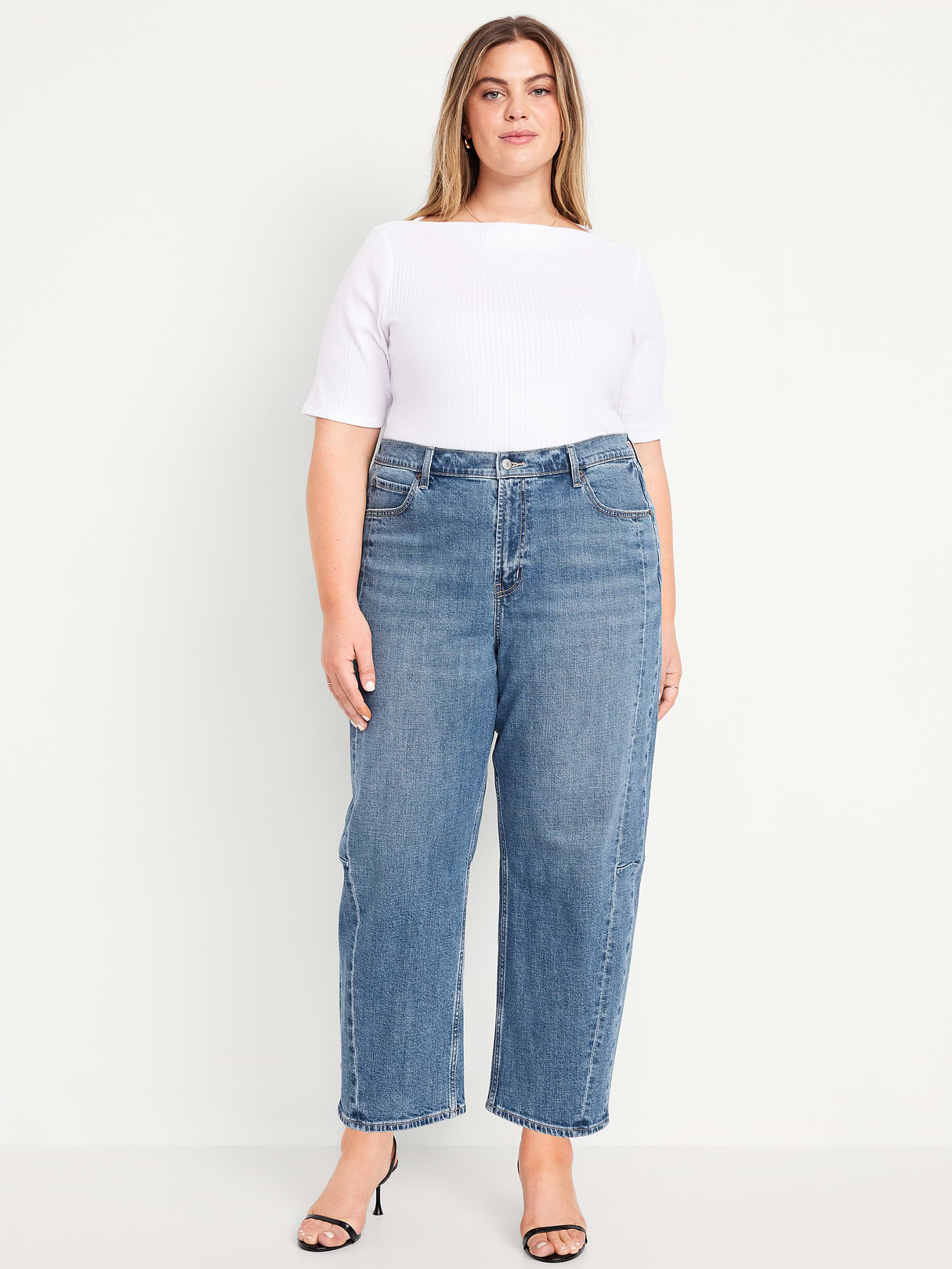 High-Waisted Baggy Barrel Ankle Jeans - Medium Wash (672531002)