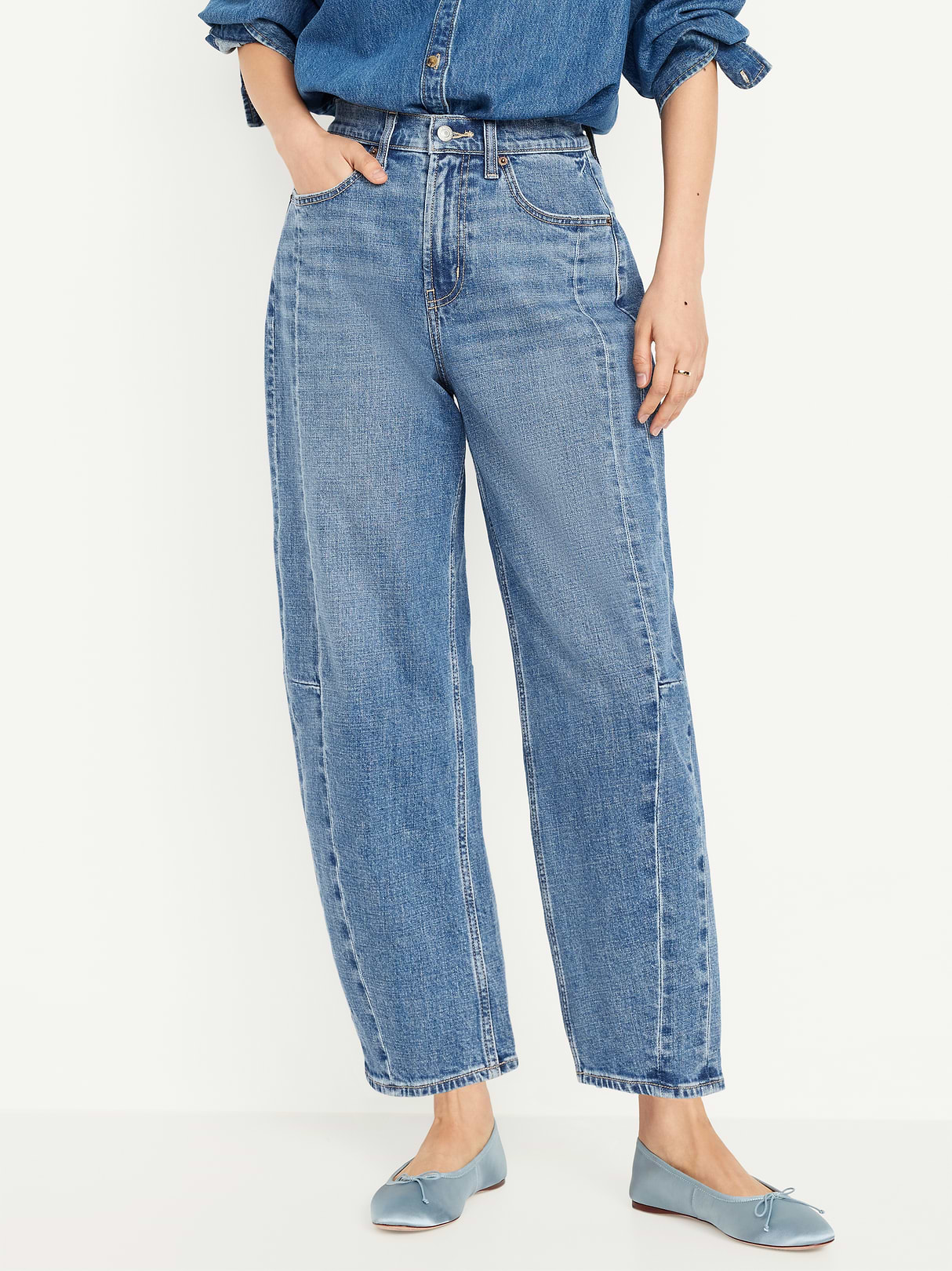 High-Waisted Baggy Barrel Ankle Jeans - Medium Wash (672531002)