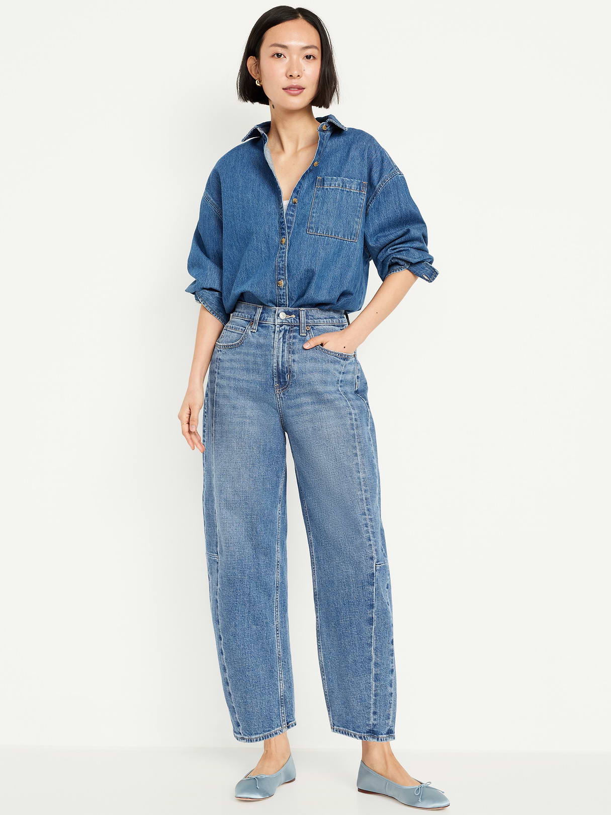 High-Waisted Baggy Barrel Ankle Jeans - Medium Wash (672531002)