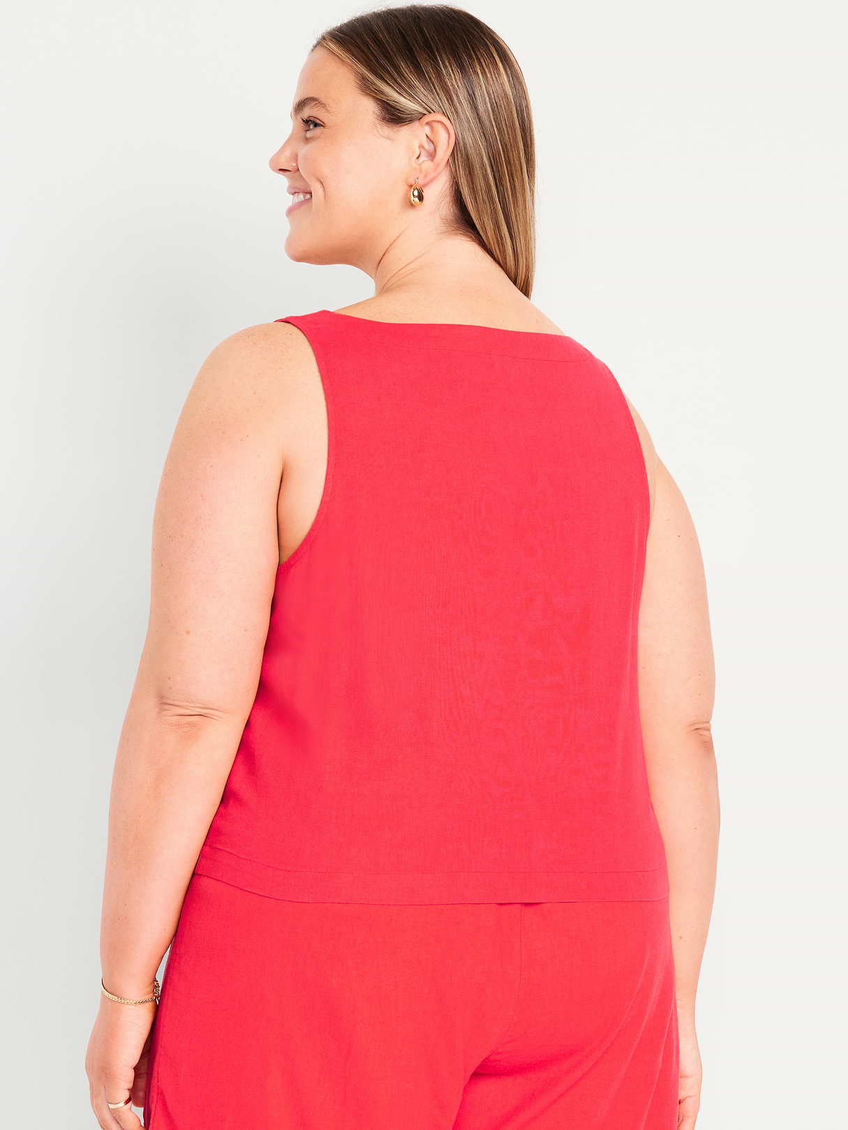 Cropped Square-Neck Linen-Blend Top - Bright Coral