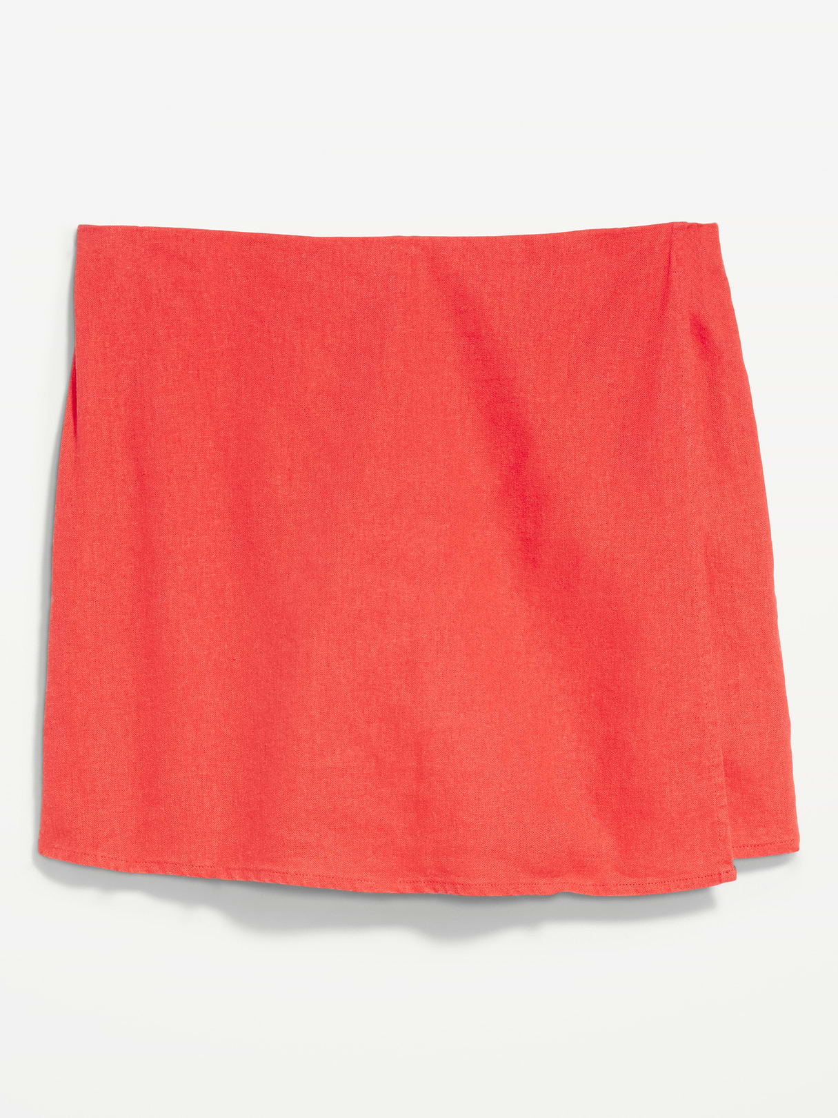 High-Waisted Faux-Wrap Linen-Blend Mini Skort - Bright Coral