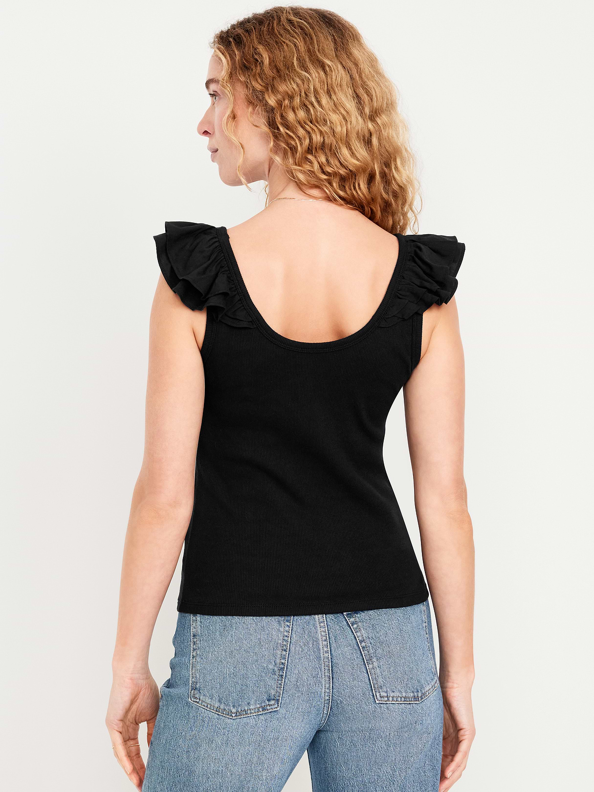 Ruffle-Trim Mixed Material Top - Black Jack