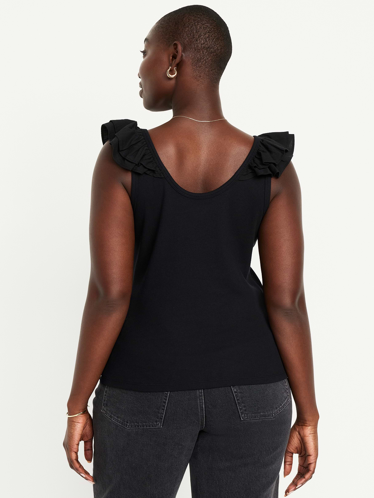 Ruffle-Trim Mixed Material Top - Black Jack