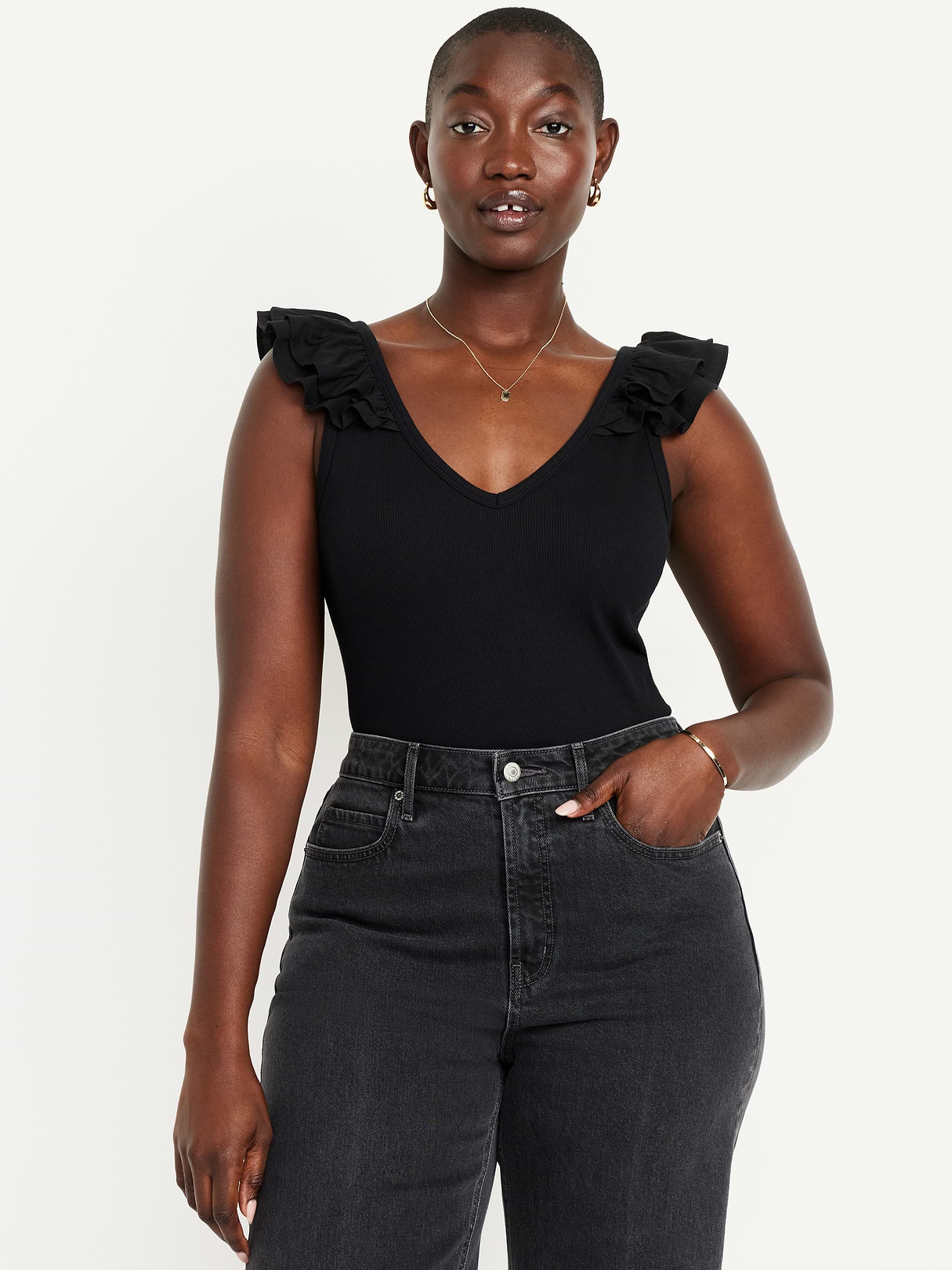 Ruffle-Trim Mixed Material Top - Black Jack