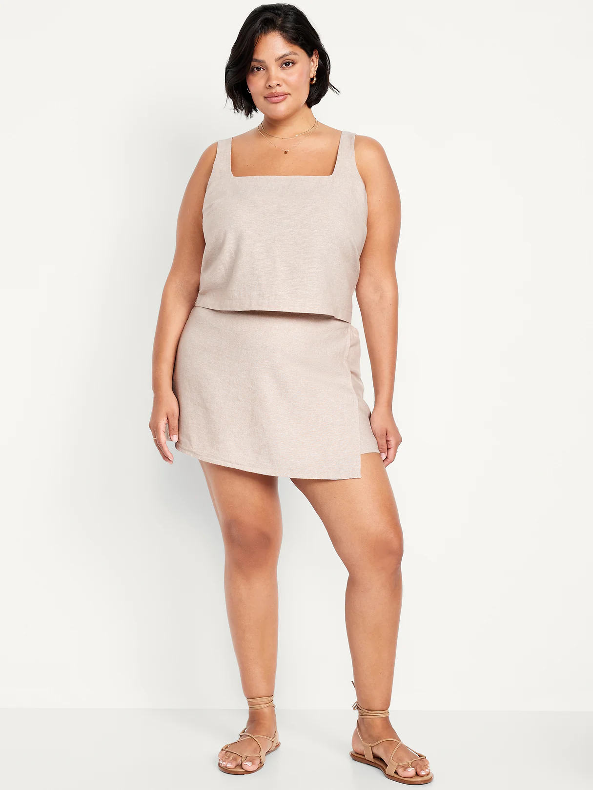 High-Waisted Faux-Wrap Linen-Blend Mini Skort - Neutral