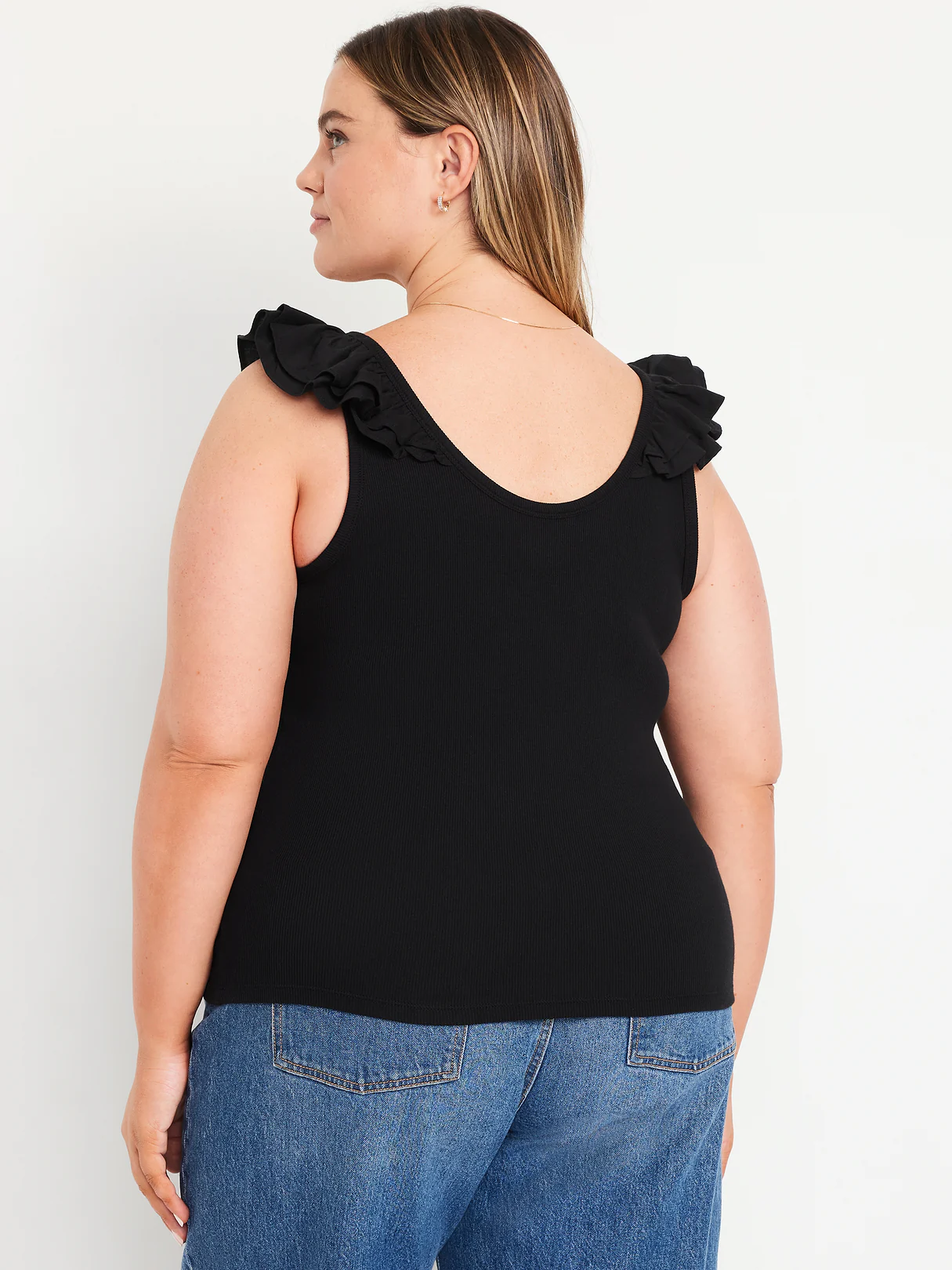 Ruffle-Trim Mixed Material Top - Black Jack