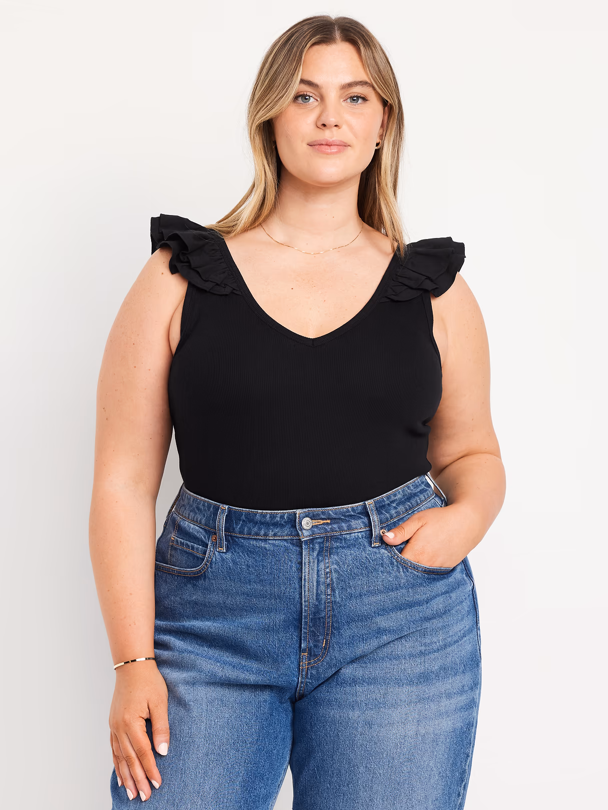 Ruffle-Trim Mixed Material Top - Black Jack