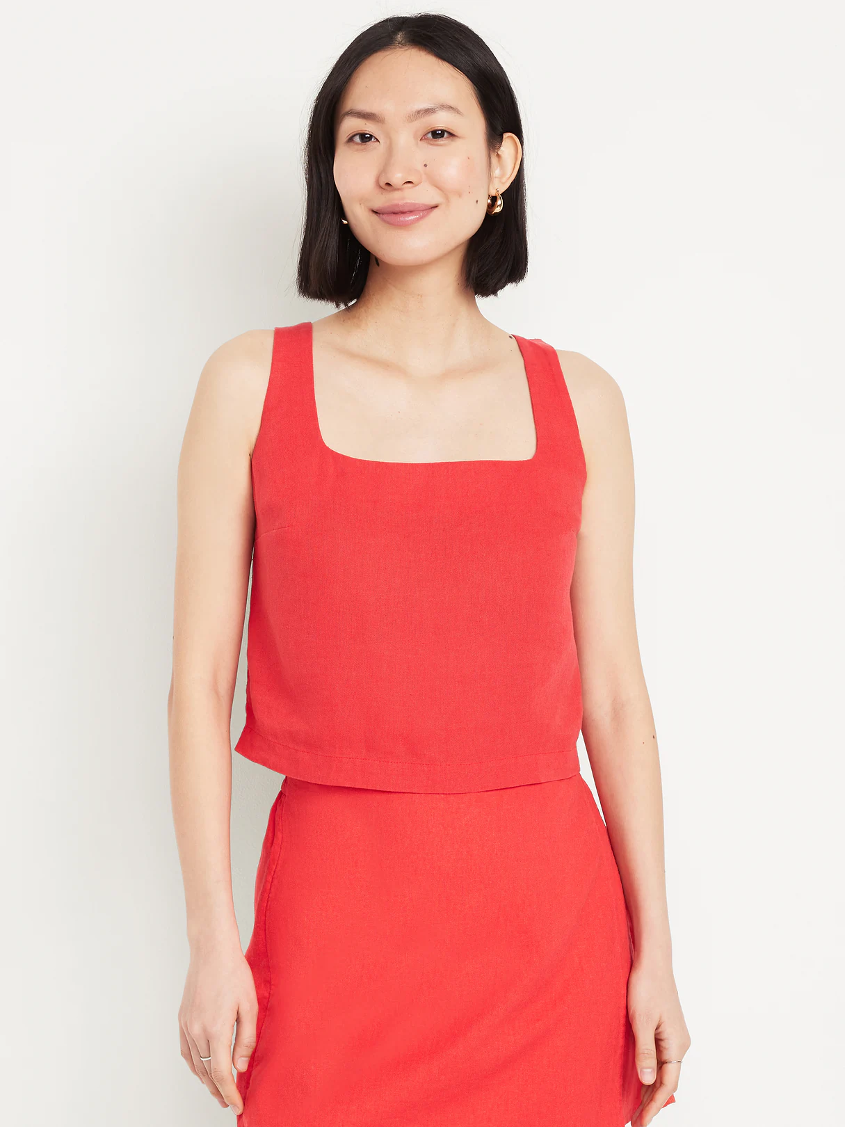 Cropped Square-Neck Linen-Blend Top - Bright Coral
