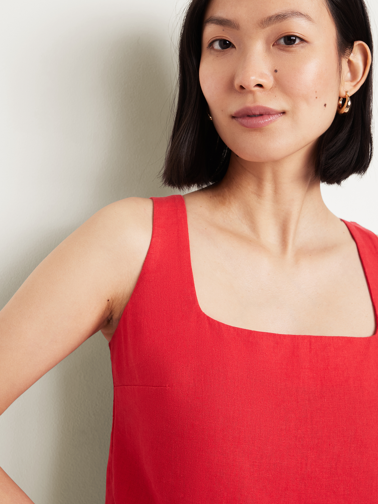Cropped Square-Neck Linen-Blend Top - Bright Coral