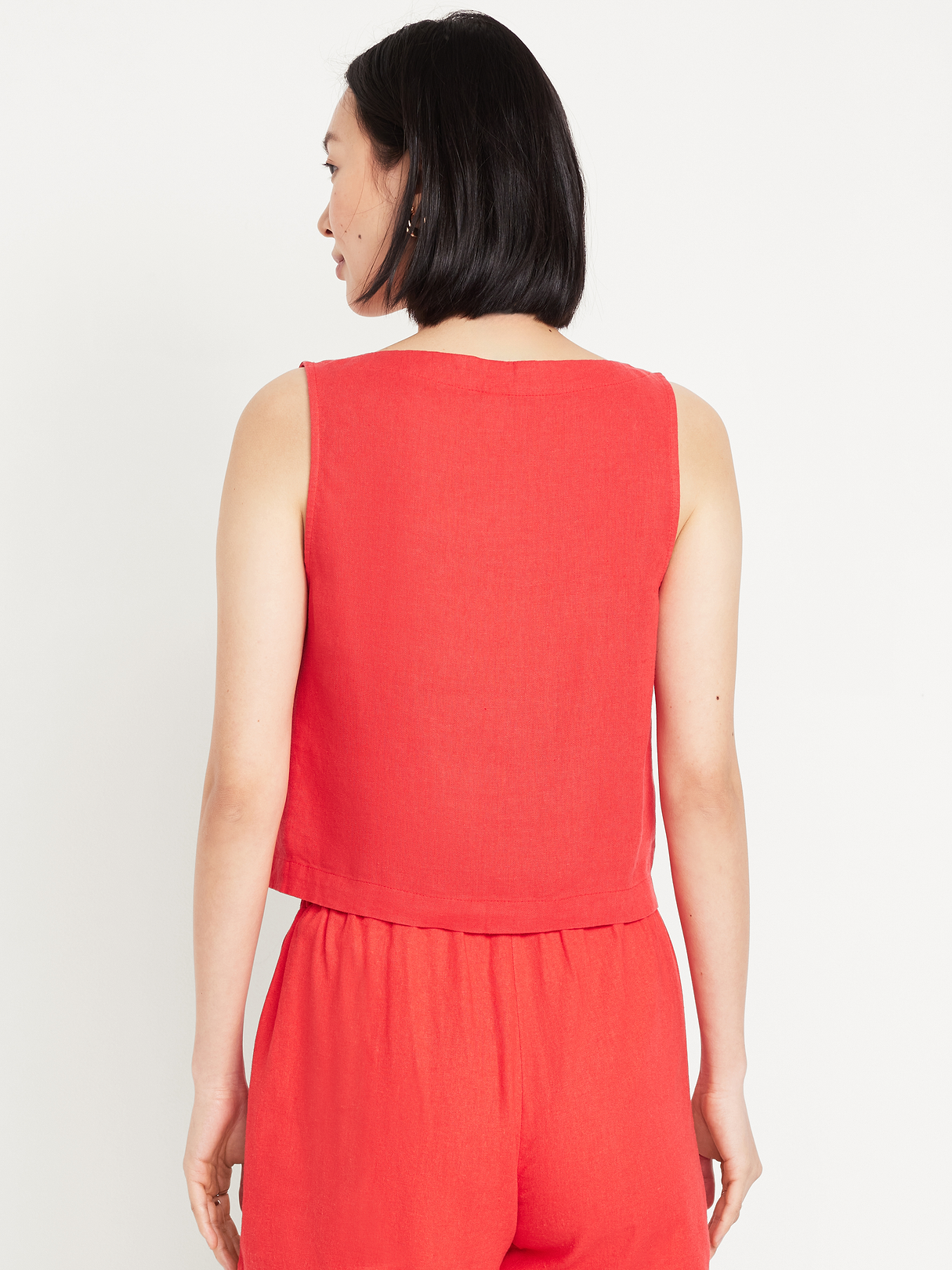 Cropped Square-Neck Linen-Blend Top - Bright Coral