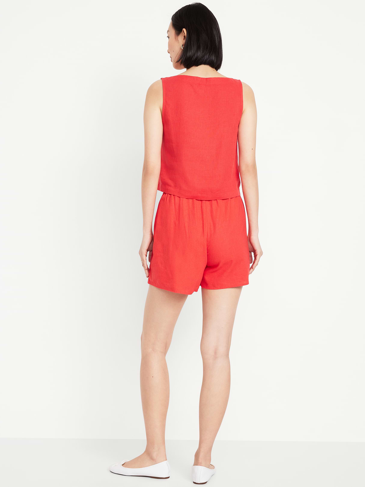High-Waisted Faux-Wrap Linen-Blend Mini Skort - Bright Coral