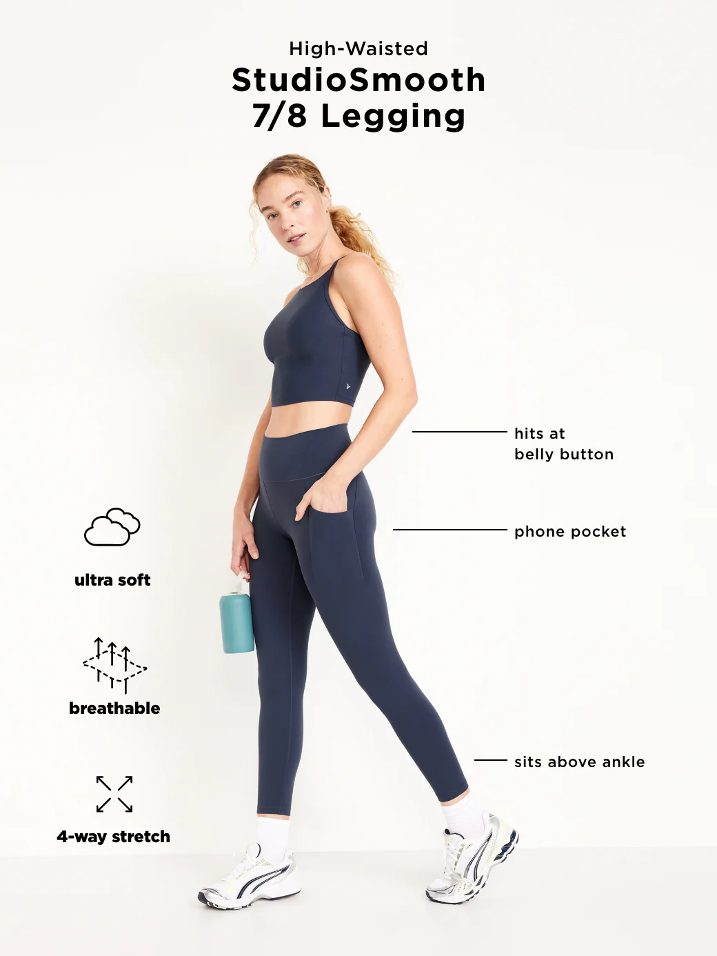 High-Waisted StudioSmooth 7/8 Pocket Leggings - Black Jack