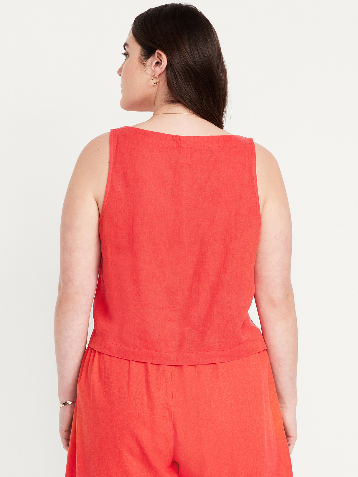 Cropped Square-Neck Linen-Blend Top - Bright Coral