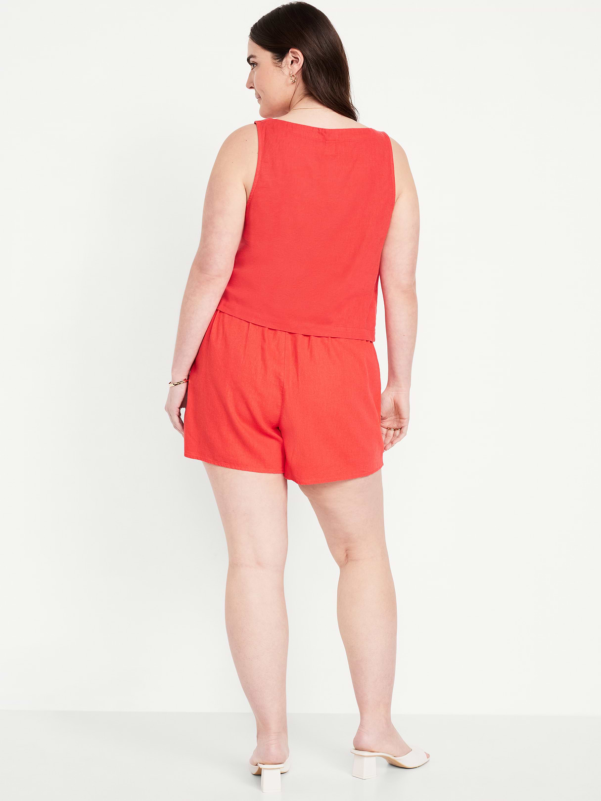 High-Waisted Faux-Wrap Linen-Blend Mini Skort - Bright Coral
