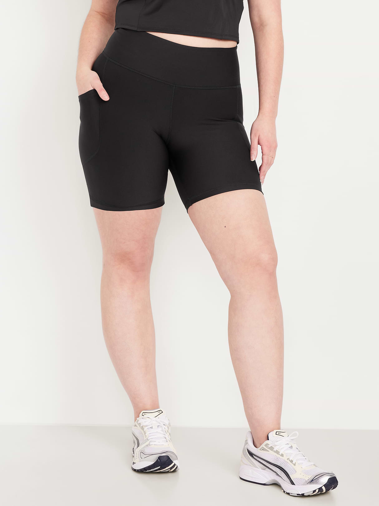 High-Waisted PowerSoft Pocket Biker Shorts -- 6-inch inseam - Black Jack