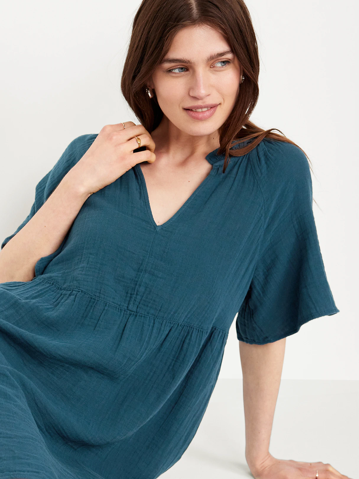 Split-Neck Crinkle Gauze Mini Swing Dress - Tidewater