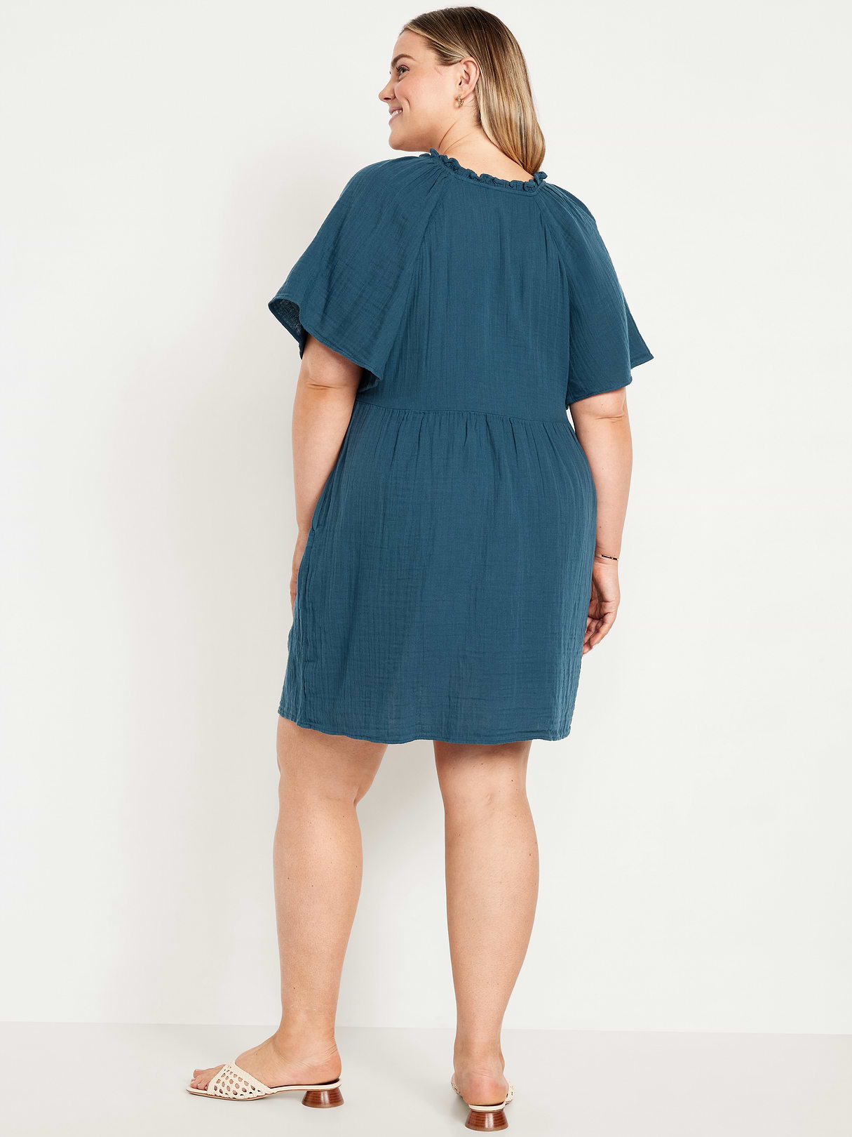 Split-Neck Crinkle Gauze Mini Swing Dress - Tidewater