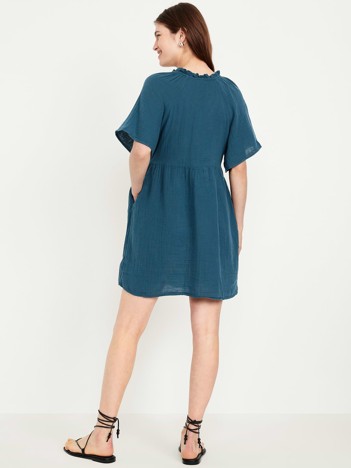 Split-Neck Crinkle Gauze Mini Swing Dress - Tidewater