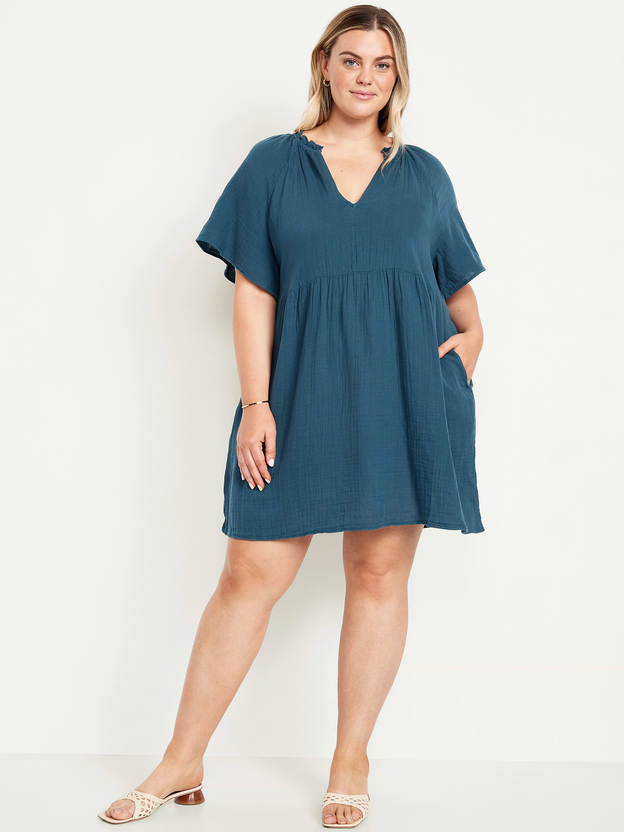 Split-Neck Crinkle Gauze Mini Swing Dress - Tidewater