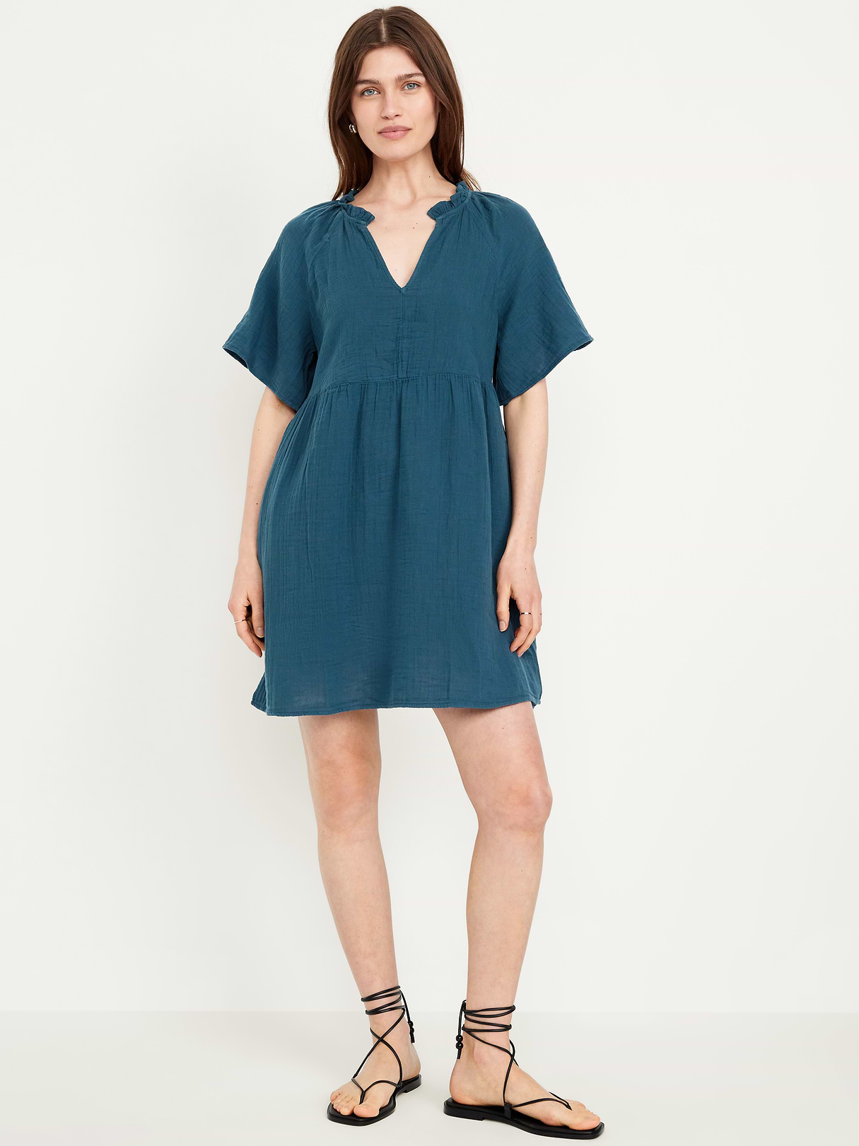 Split-Neck Crinkle Gauze Mini Swing Dress - Tidewater