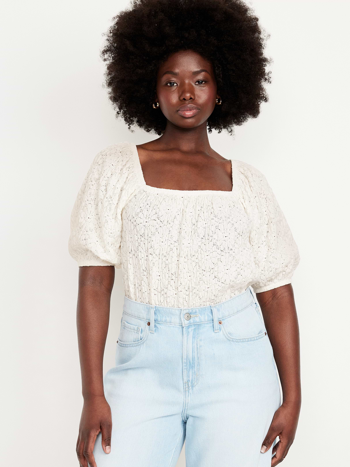 Puff-Sleeve Lace Top - Sea Salt
