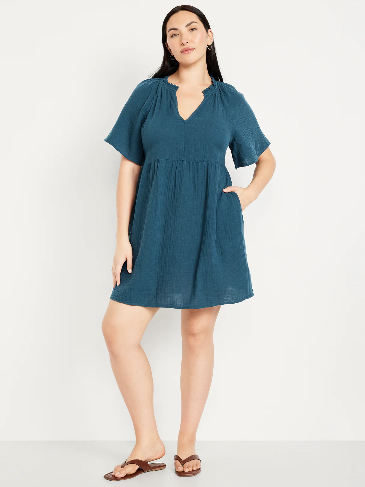 Split-Neck Crinkle Gauze Mini Swing Dress - Tidewater