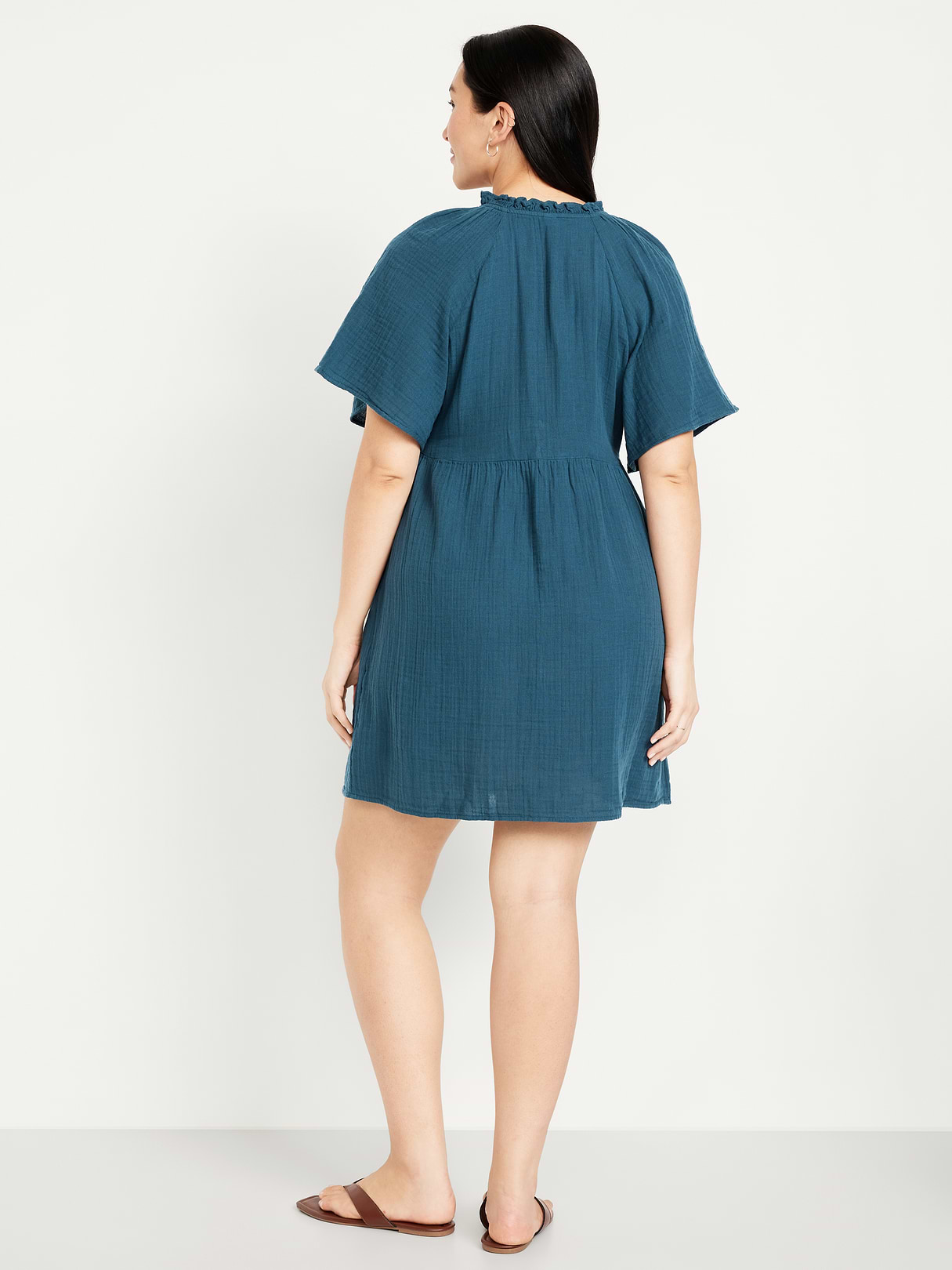 Split-Neck Crinkle Gauze Mini Swing Dress - Tidewater