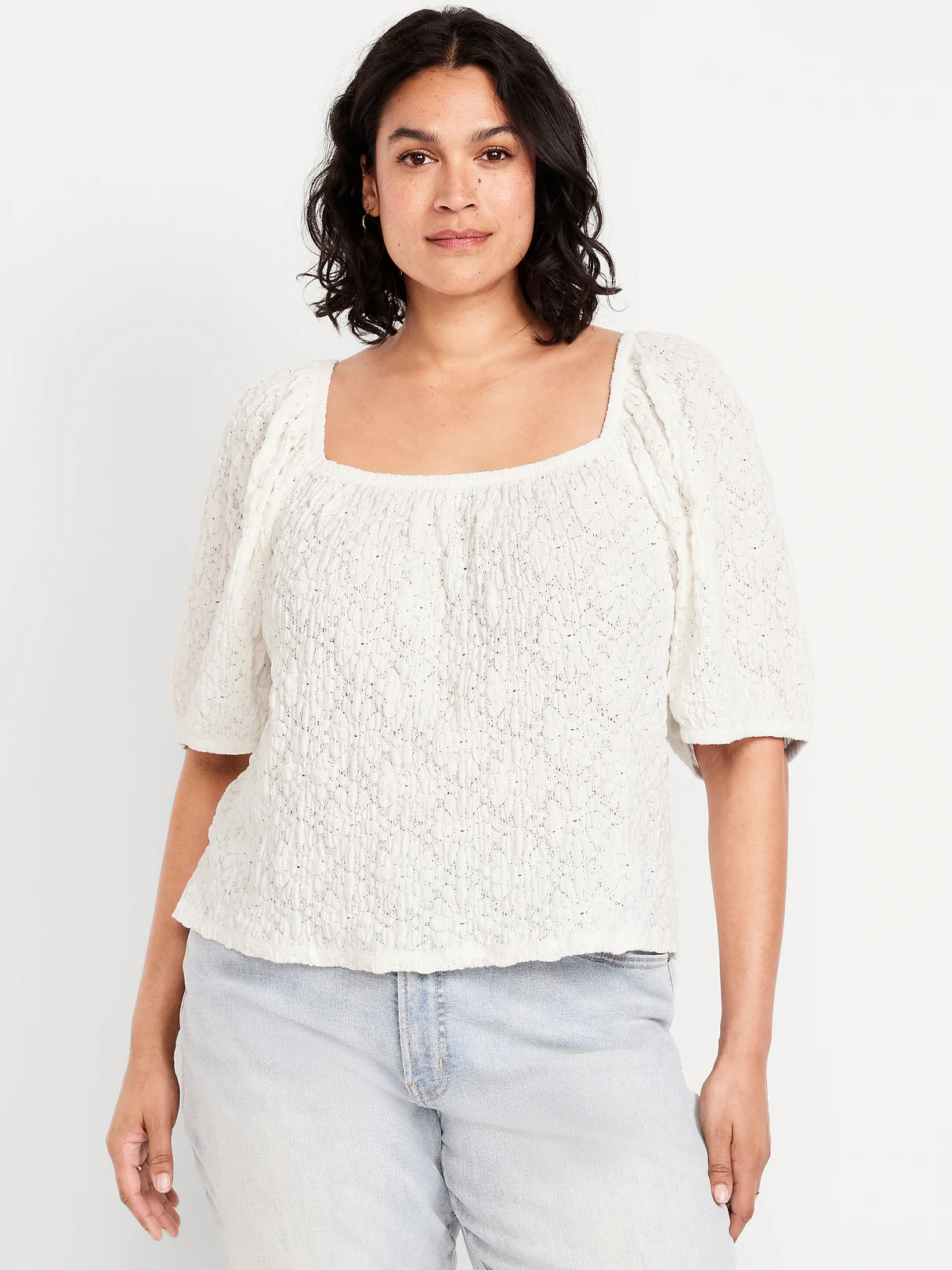 Puff-Sleeve Lace Top - Sea Salt